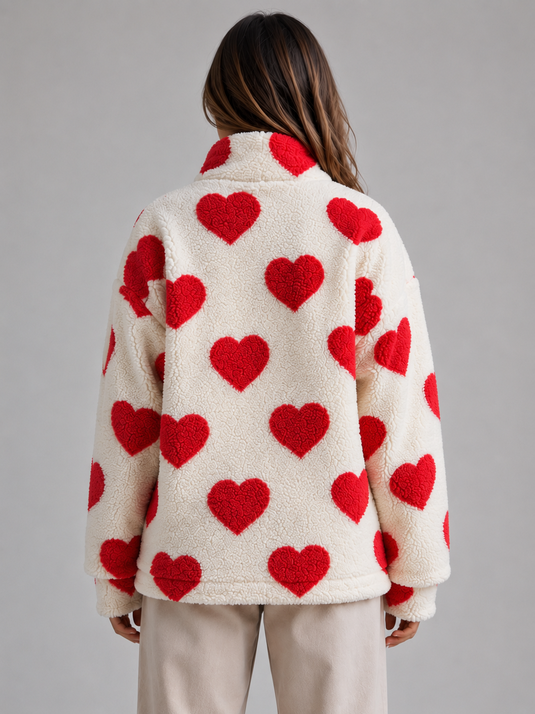Women's Heart Print Teddy Fleece Jacket - Red