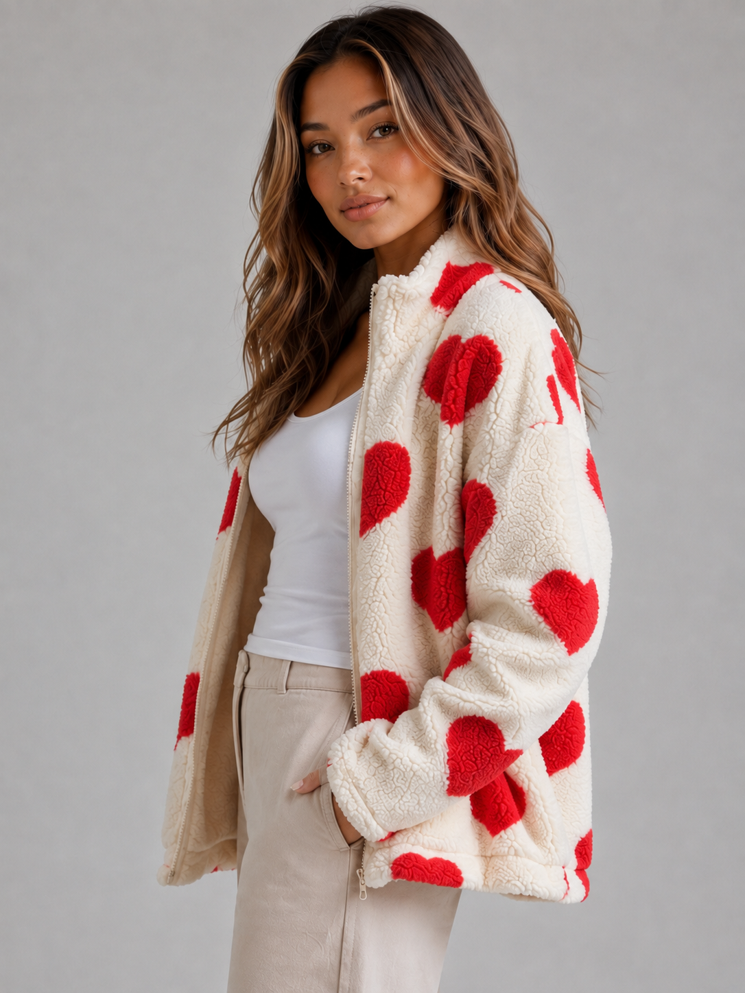 Women's Heart Print Teddy Fleece Jacket - Red