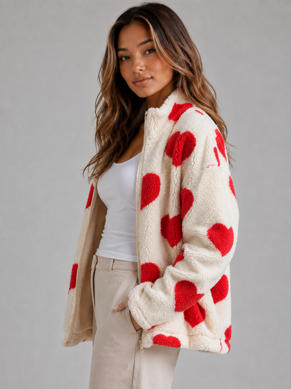 Women's Heart Print Teddy Fleece Jacket - Red