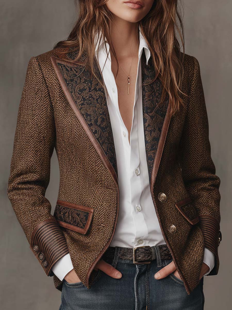 Women's Herringbone Print Panel Brown Blazer Jacket - Brown
