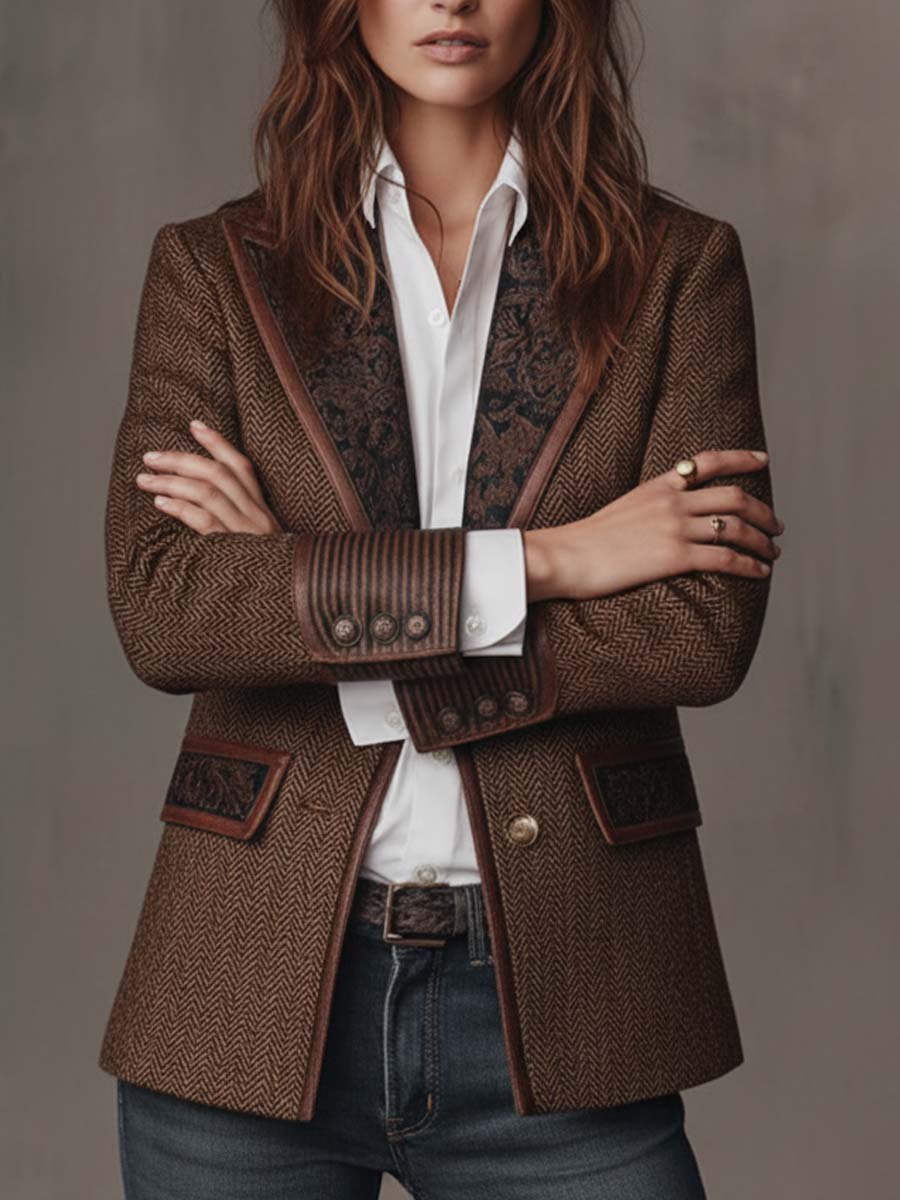 Women's Herringbone Print Panel Brown Blazer Jacket - Brown