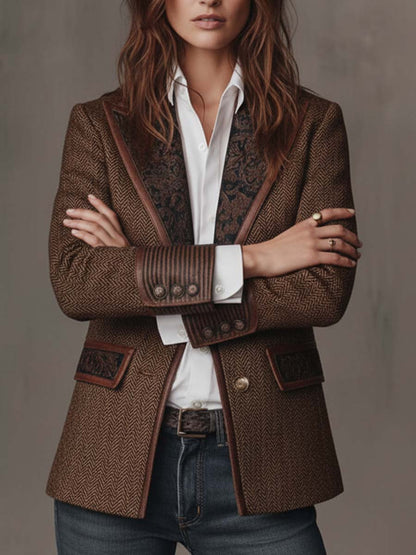 Women's Herringbone Print Panel Brown Blazer Jacket - Brown