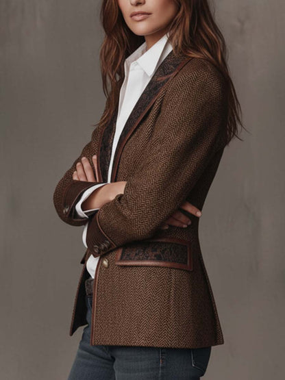 Women's Herringbone Print Panel Brown Blazer Jacket - Brown
