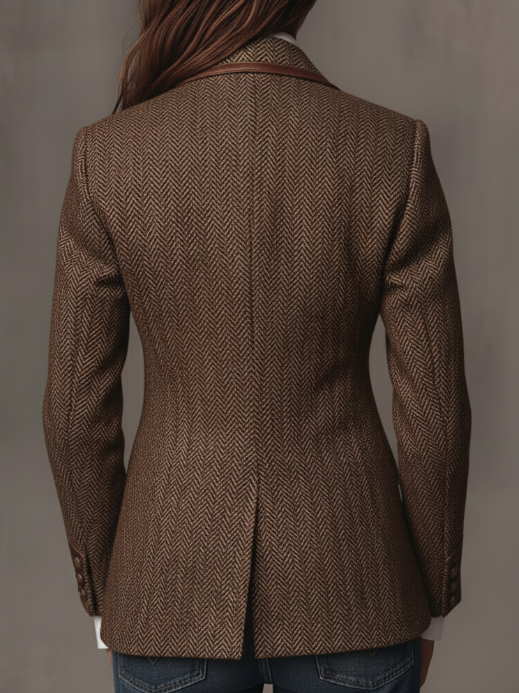 Women's Herringbone Print Panel Brown Blazer Jacket - Brown