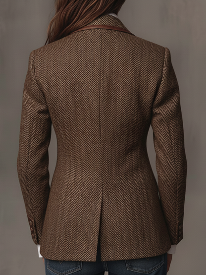 Women's Herringbone Print Panel Brown Blazer Jacket - Brown
