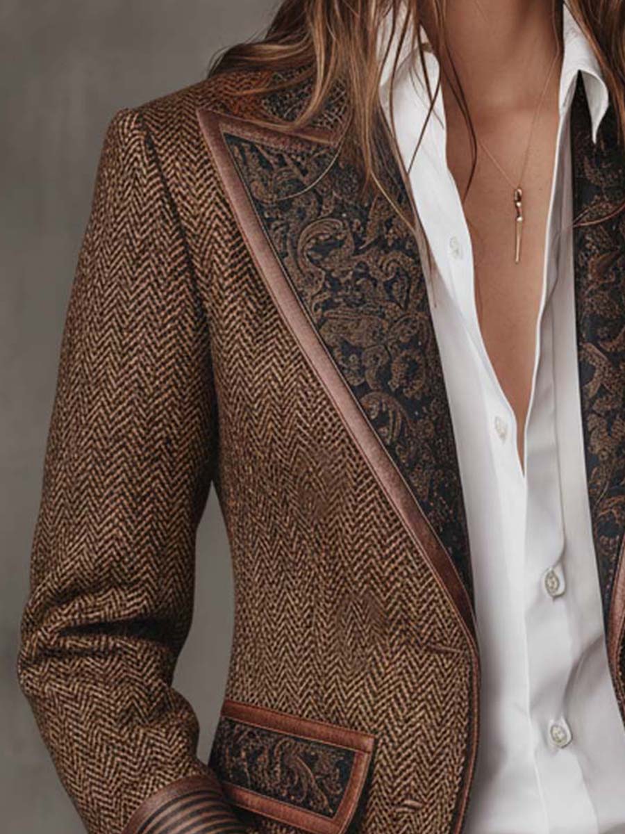 Women's Herringbone Print Panel Brown Blazer Jacket - Brown