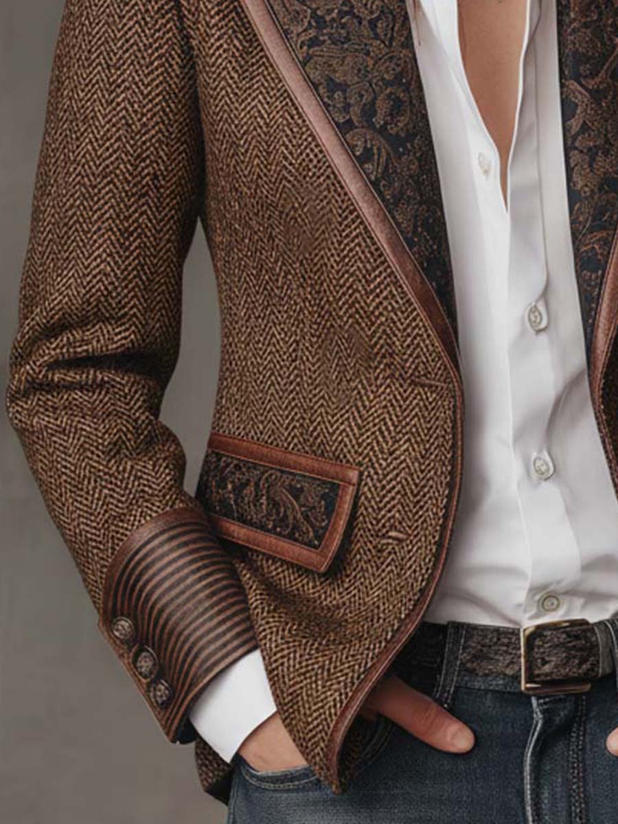 Women's Herringbone Print Panel Brown Blazer Jacket - Brown