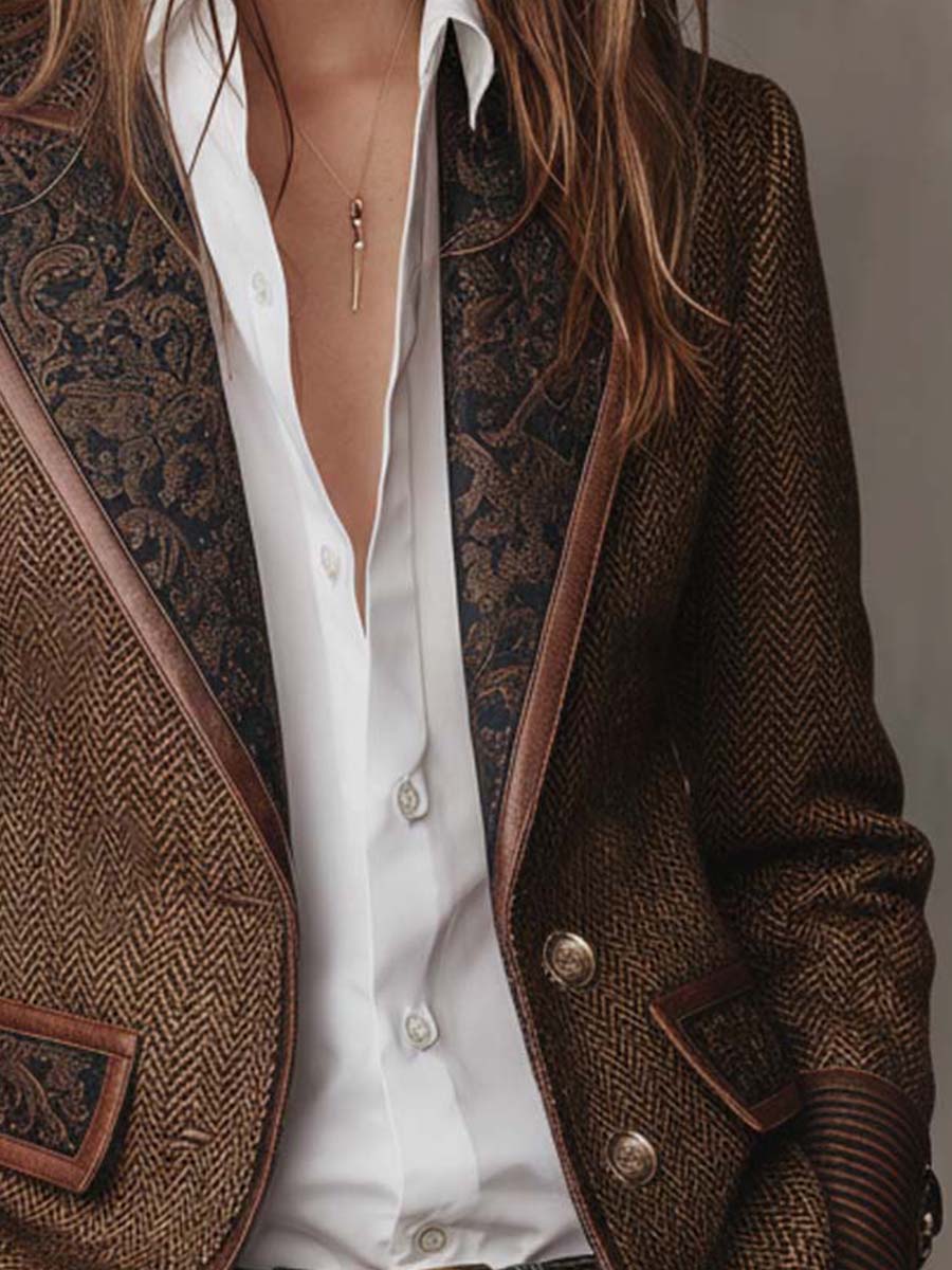 Women's Herringbone Print Panel Brown Blazer Jacket - Brown