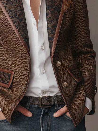 Women's Herringbone Print Panel Brown Blazer Jacket - Brown