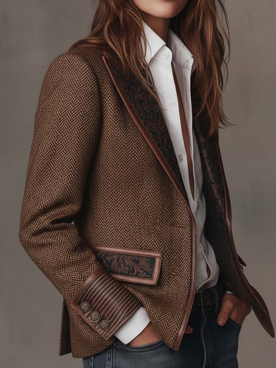 Women's Herringbone Print Panel Brown Blazer Jacket - Brown