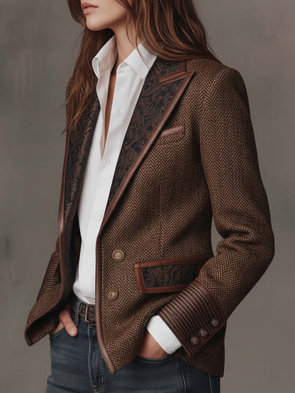 Women's Herringbone Print Panel Brown Blazer Jacket - Brown