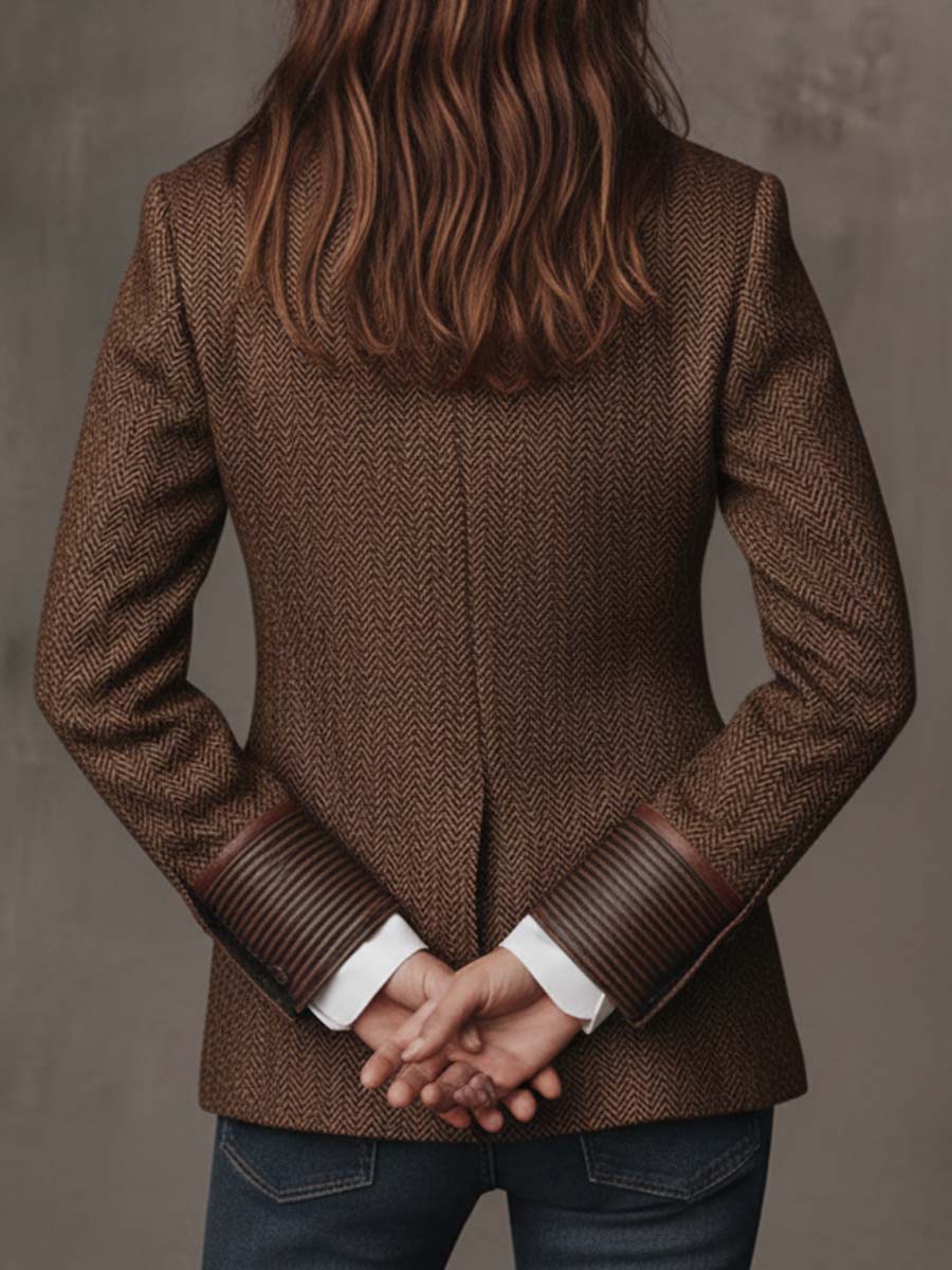 Women's Herringbone Print Panel Brown Blazer Jacket - Brown