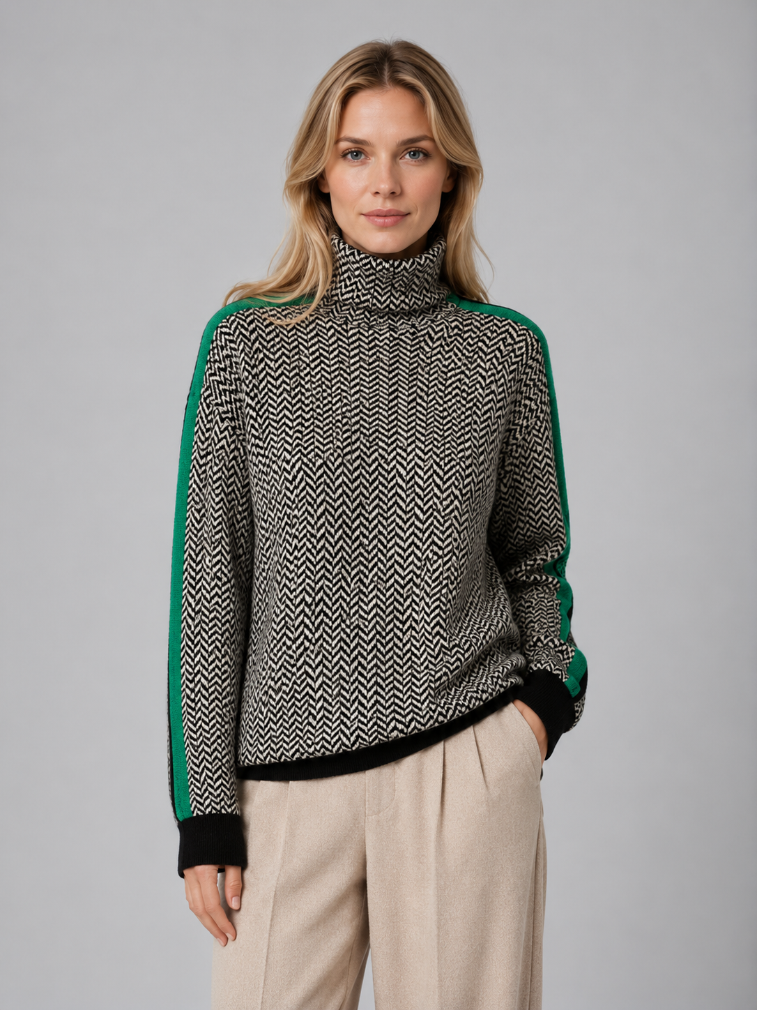 Women's Herringbone Knit Turtleneck Sweater - Green