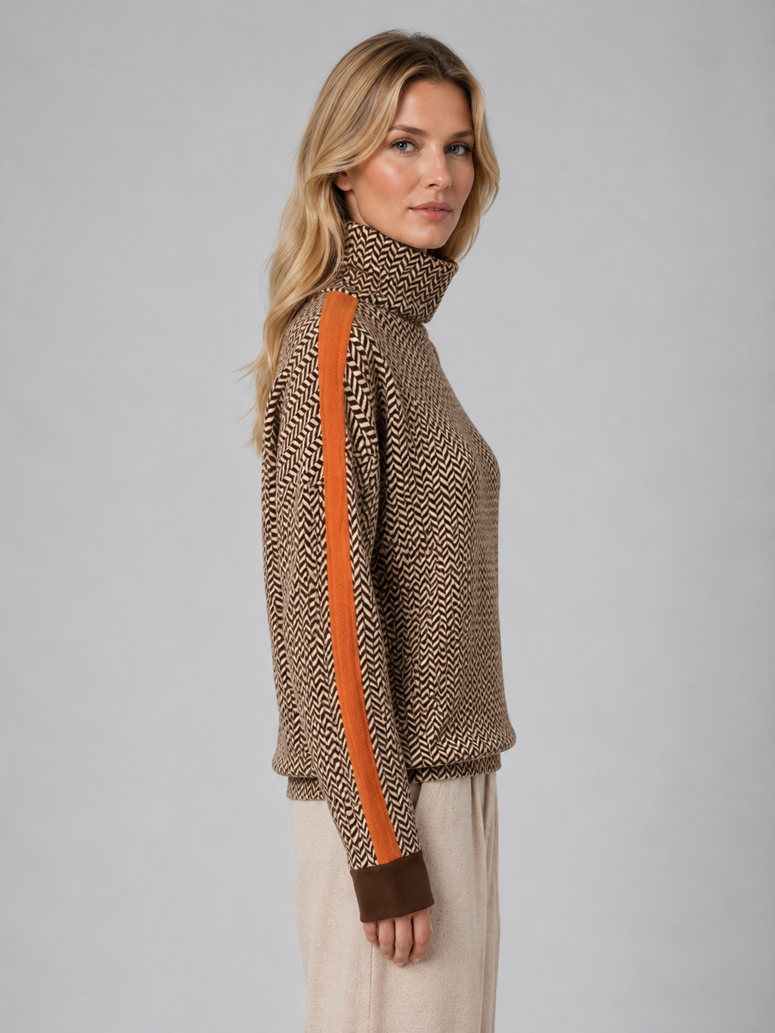 Women's Herringbone Knit Turtleneck Sweater - Orange