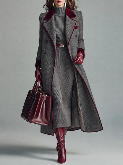 Women's Herringbone Velvet Trim Long Coat - Gray