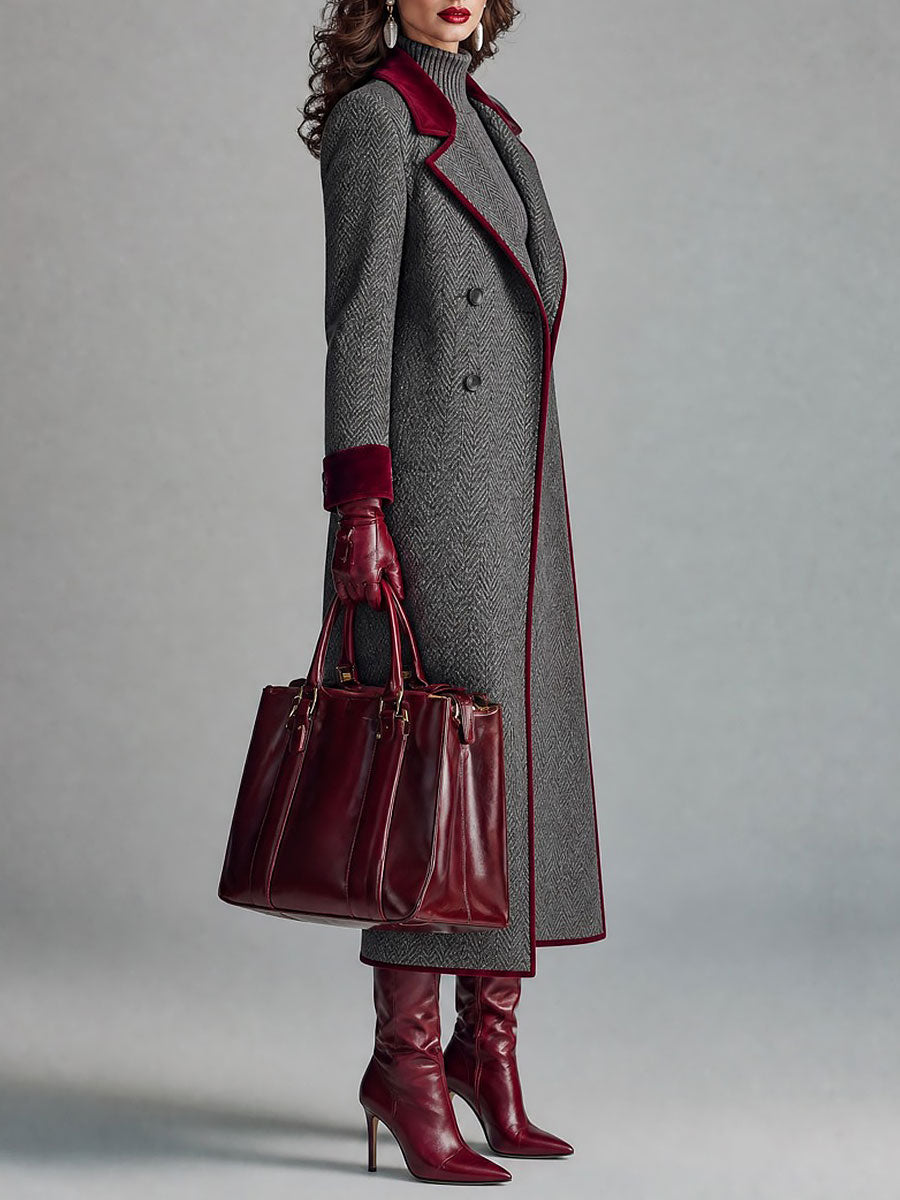 Women's Herringbone Velvet Trim Long Coat - Gray