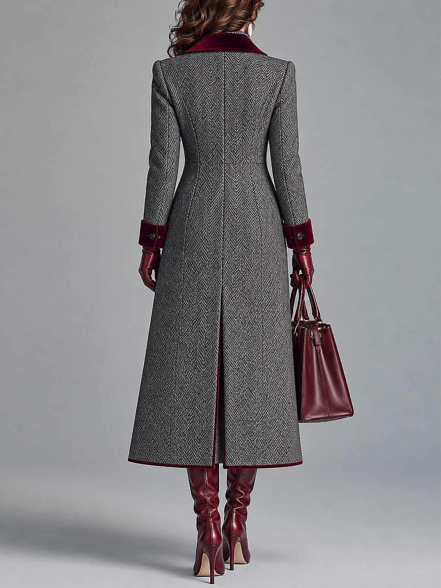 Women's Herringbone Velvet Trim Long Coat - Gray