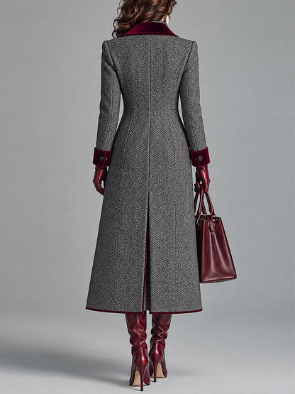 Women's Herringbone Velvet Trim Long Coat - Gray