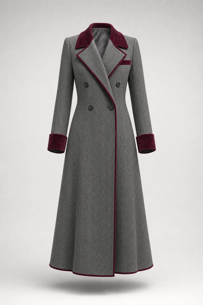 Women's Herringbone Velvet Trim Long Coat - Gray