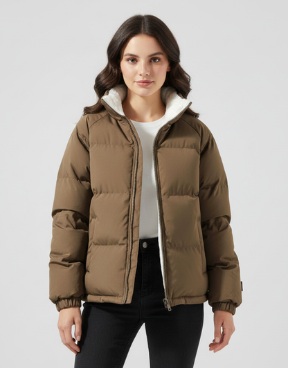 Women's High Collar Puffer Jacket with Side Pockets - Brown