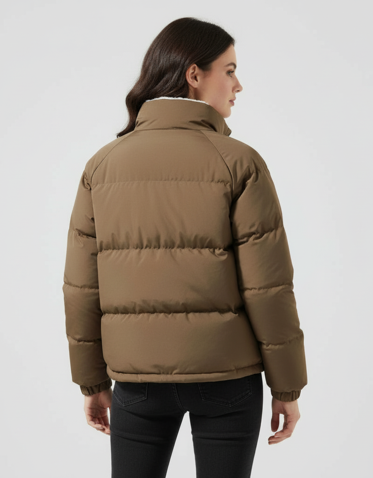 Women's High Collar Puffer Jacket with Side Pockets - Brown