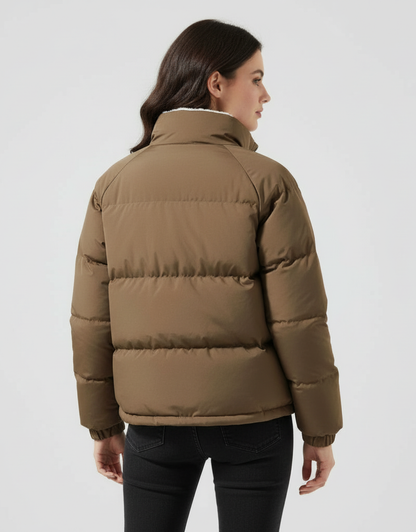 Women's High Collar Puffer Jacket with Side Pockets - Brown