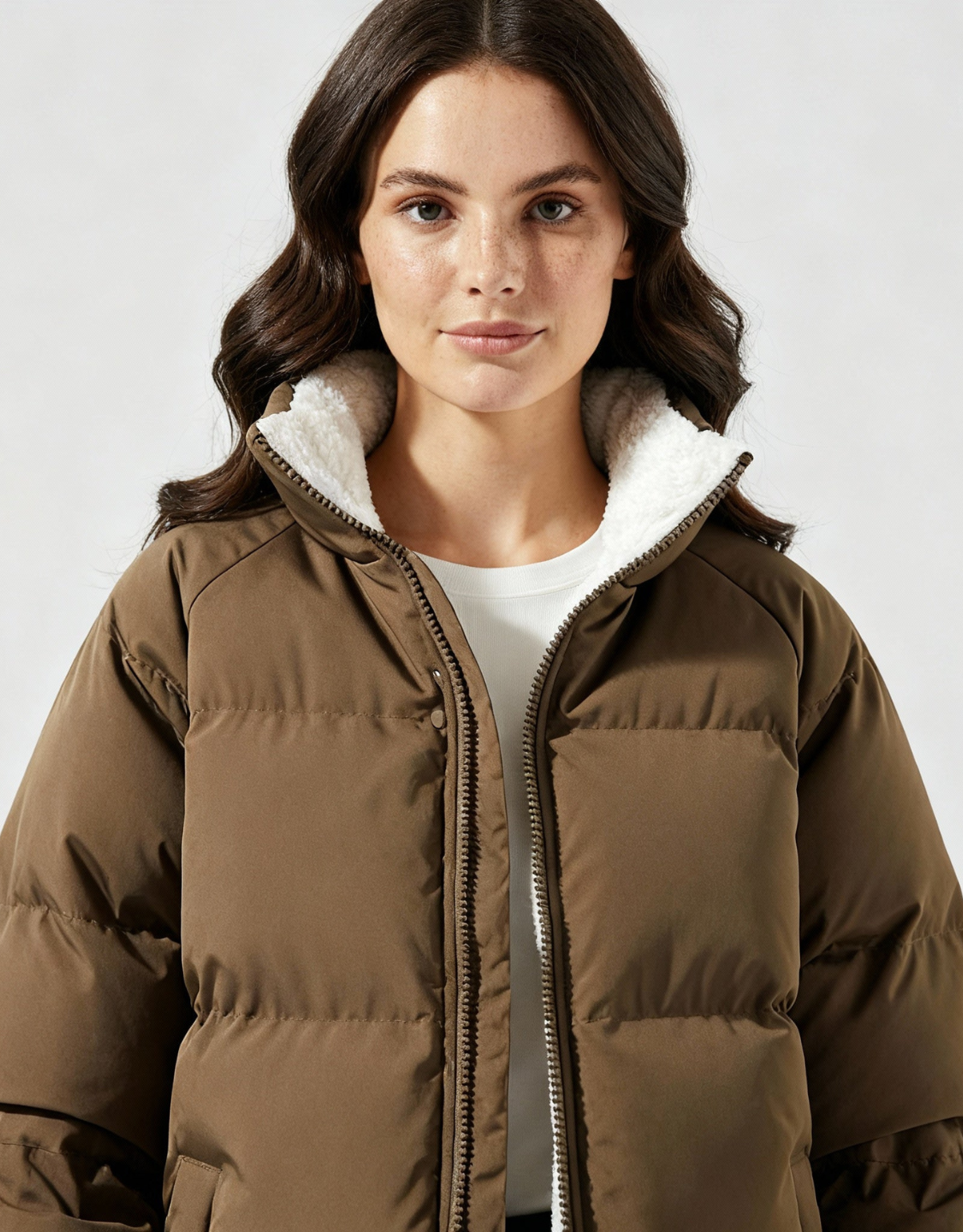 Women's High Collar Puffer Jacket with Side Pockets - Brown