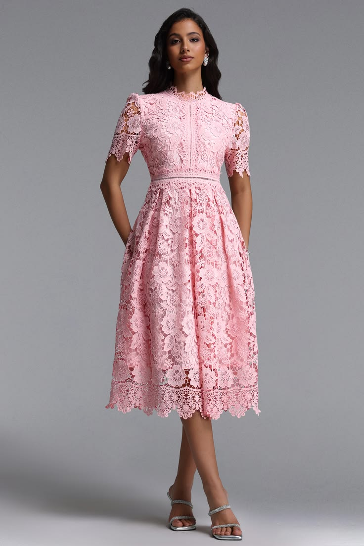 Women's High Neck Pink Midi Dress in Floral Lace - Pink