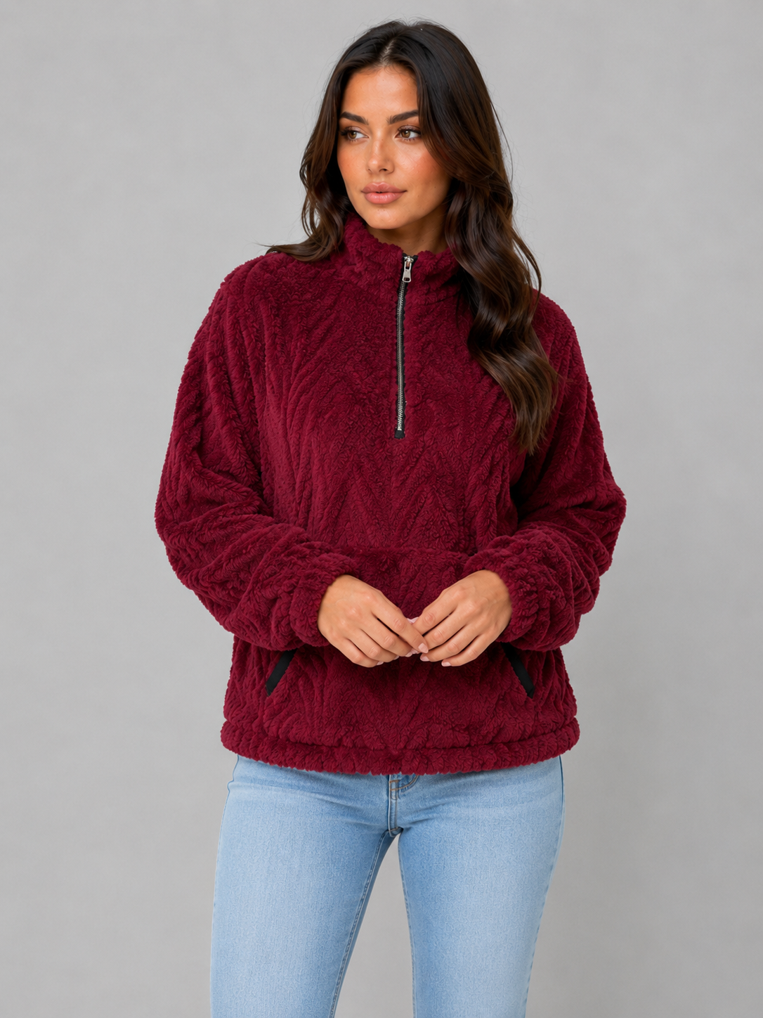 Women's High Neck Plush Half-Zip Sweater Top - Burgundy