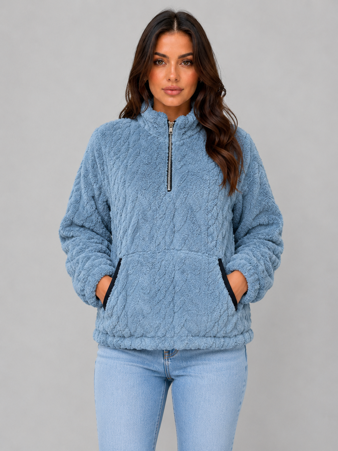 Women's High Neck Plush Half-Zip Sweater Top - Dusty Blue