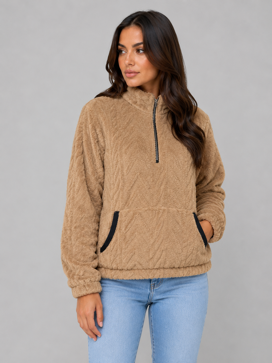 Women's High Neck Plush Half-Zip Sweater Top - Khaki