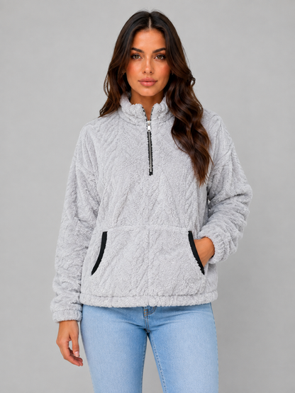 Women's High Neck Plush Half-Zip Sweater Top - Light Gray