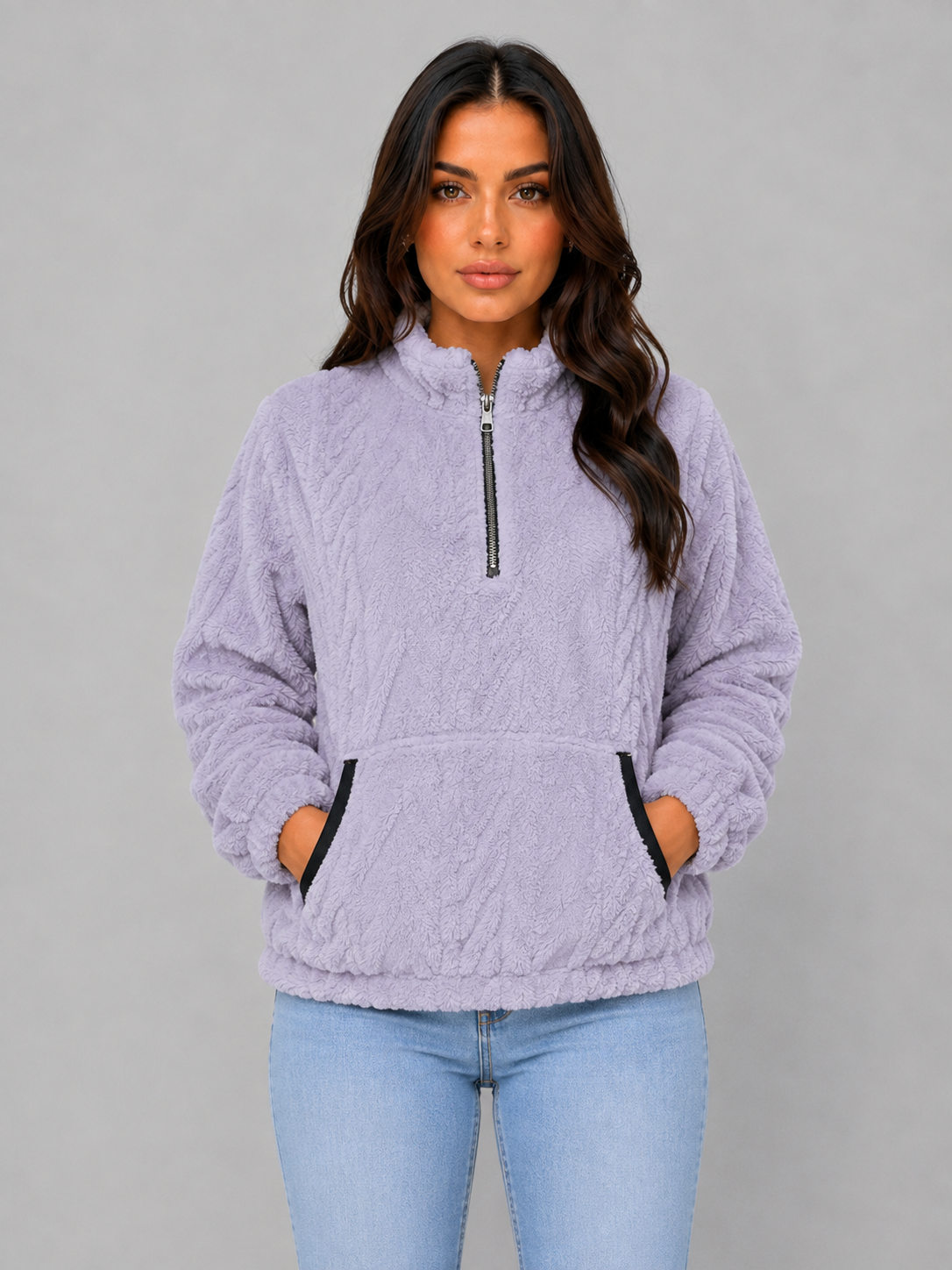 Women's High Neck Plush Half-Zip Sweater Top - Lilac