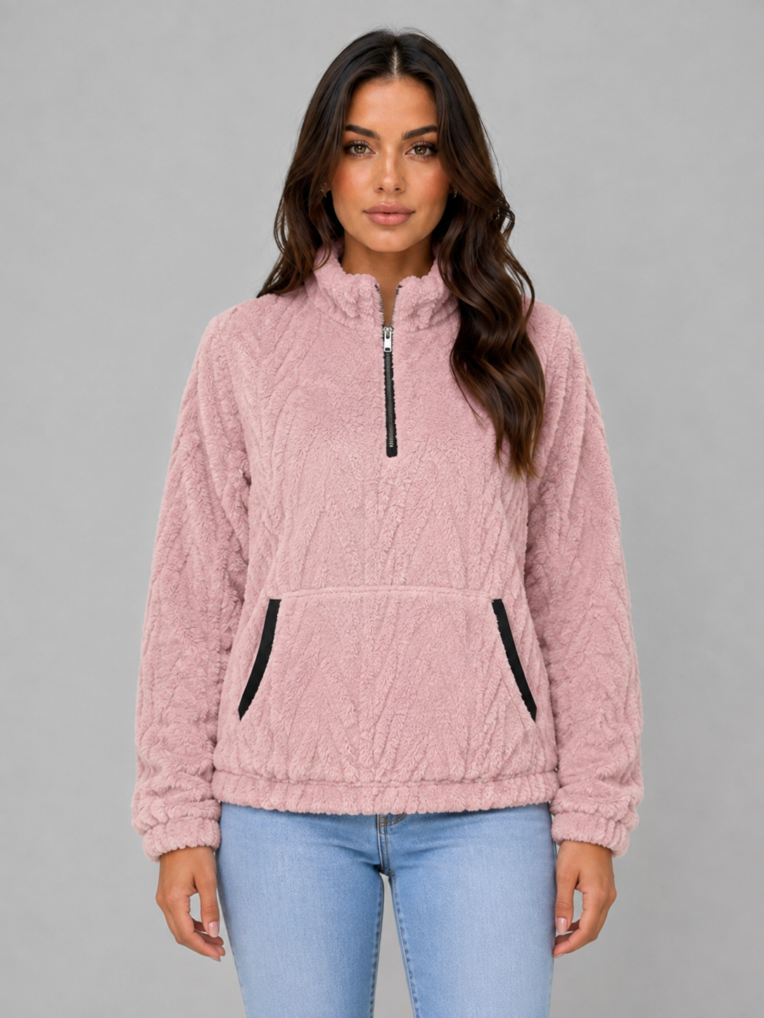 Women's High Neck Plush Half-Zip Sweater Top - Pink