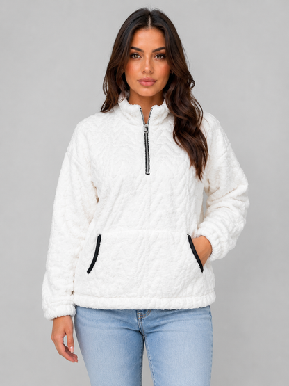 Women's High Neck Plush Half-Zip Sweater Top - White