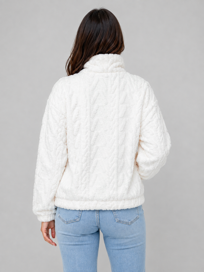 Women's High Neck Plush Half-Zip Sweater Top - White
