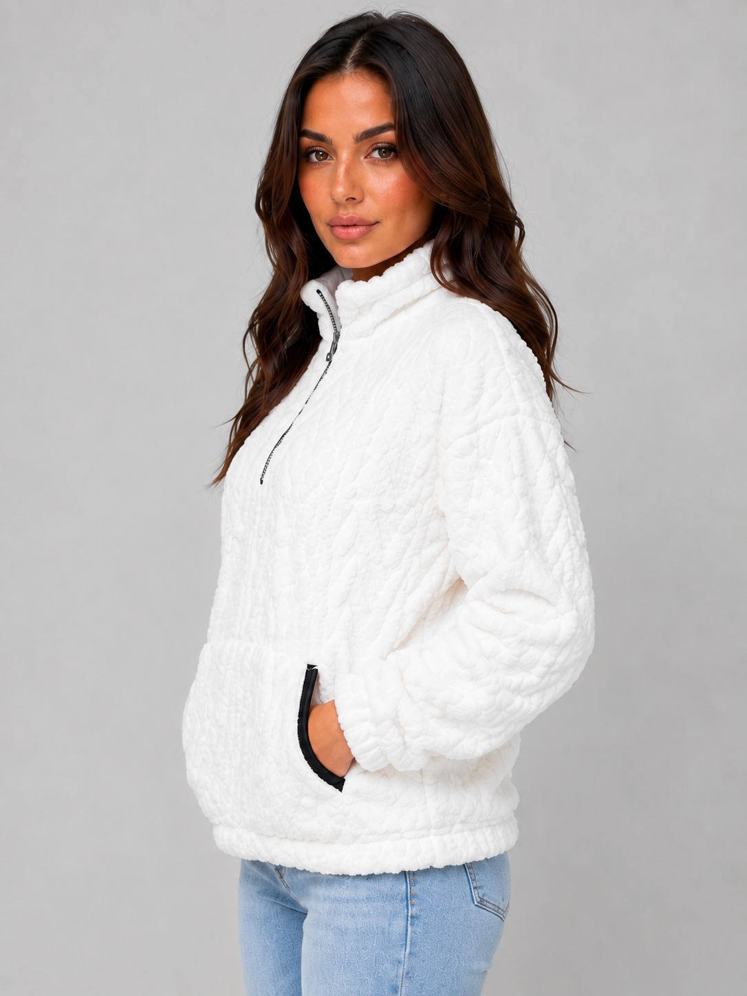 Women's High Neck Plush Half-Zip Sweater Top - White