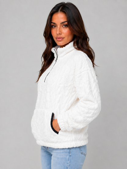 Women's High Neck Plush Half-Zip Sweater Top - White