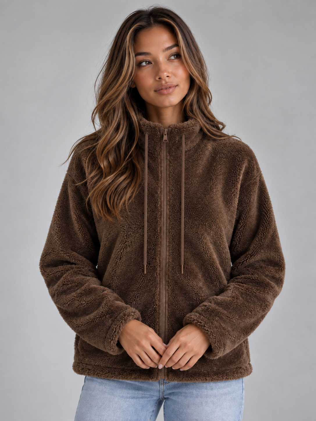 Women's High Neck Teddy Fleece Jacket - Brown