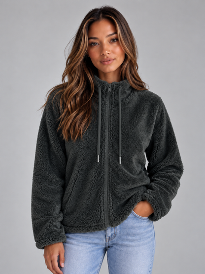 Women's High Neck Teddy Fleece Jacket - Dark Gray