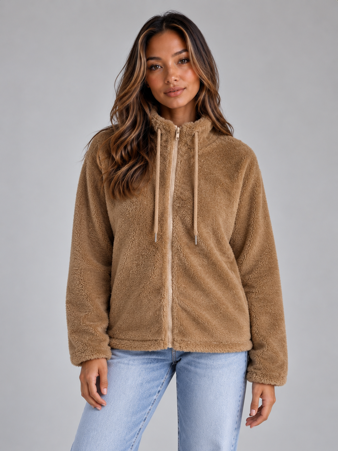 Women's High Neck Teddy Fleece Jacket - Khaki