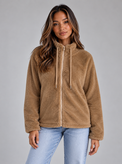 Women's High Neck Teddy Fleece Jacket - Khaki