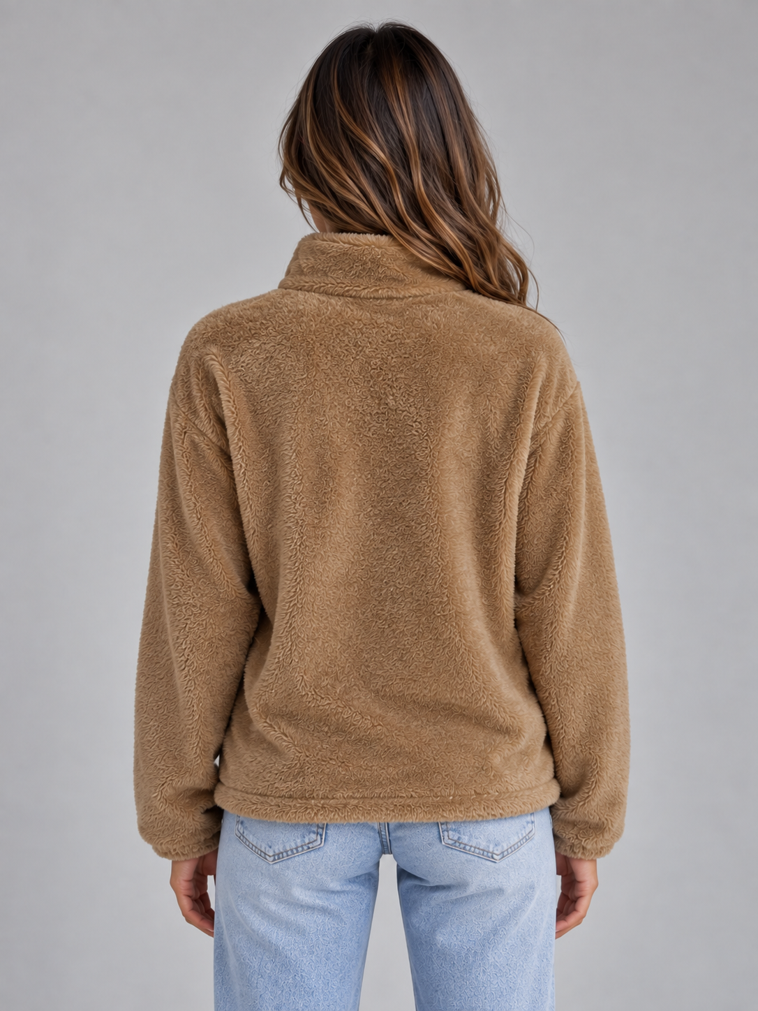 Women's High Neck Teddy Fleece Jacket - Khaki