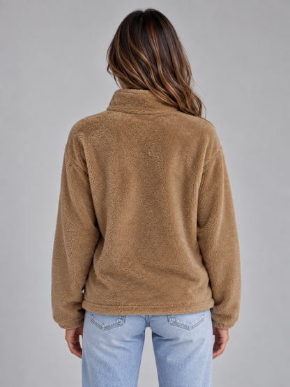 Women's High Neck Teddy Fleece Jacket - Khaki