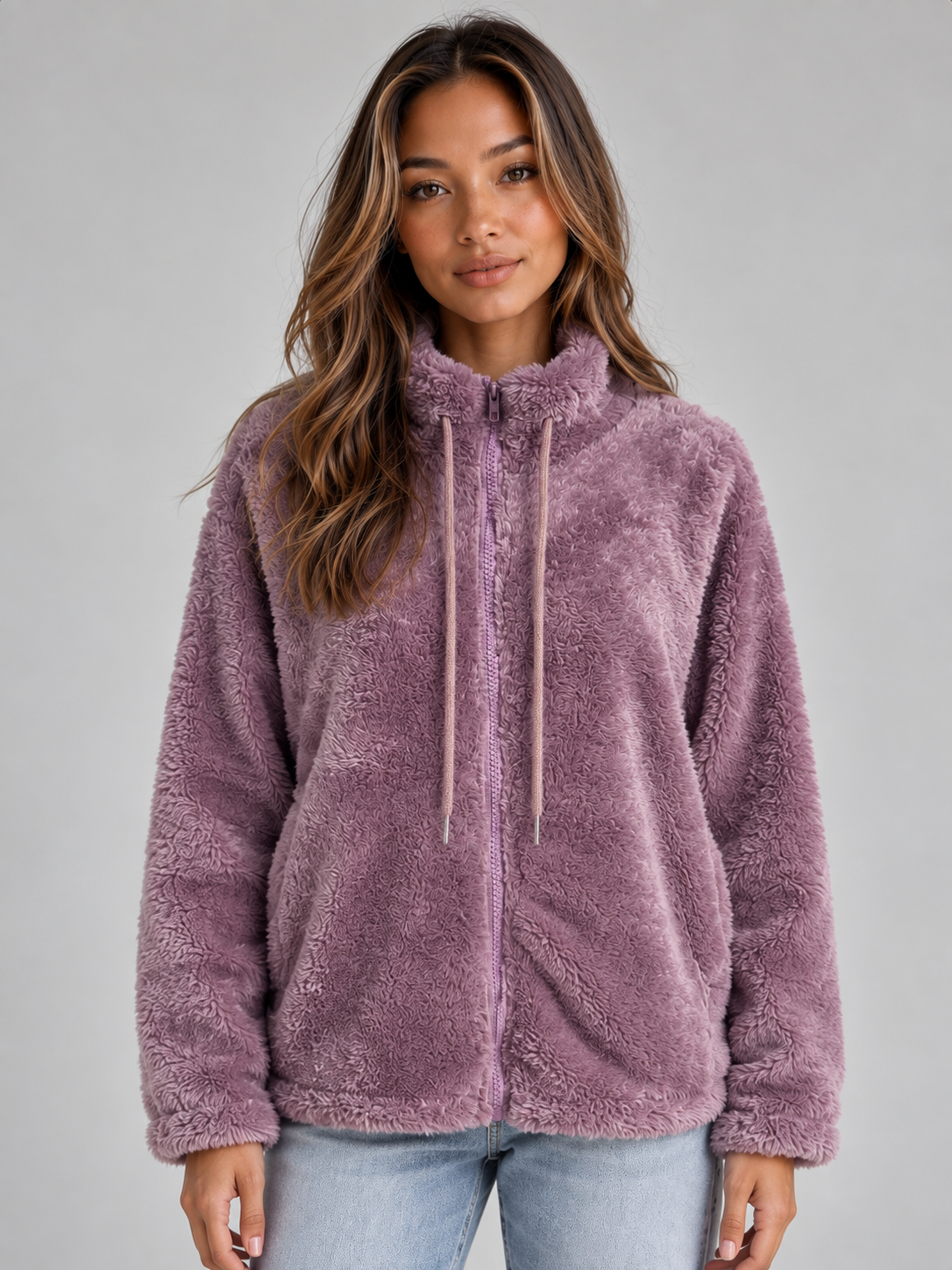 Women's High Neck Teddy Fleece Jacket - Mauve