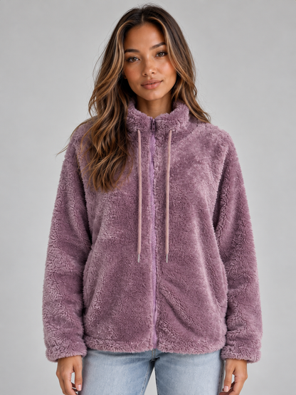 Women's High Neck Teddy Fleece Jacket - Mauve