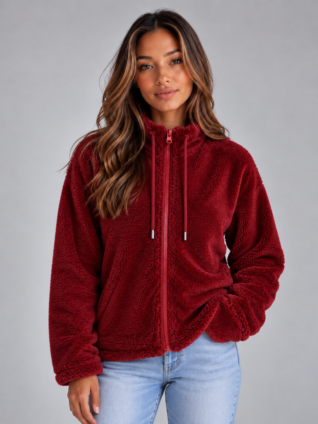 Women's High Neck Teddy Fleece Jacket - Red