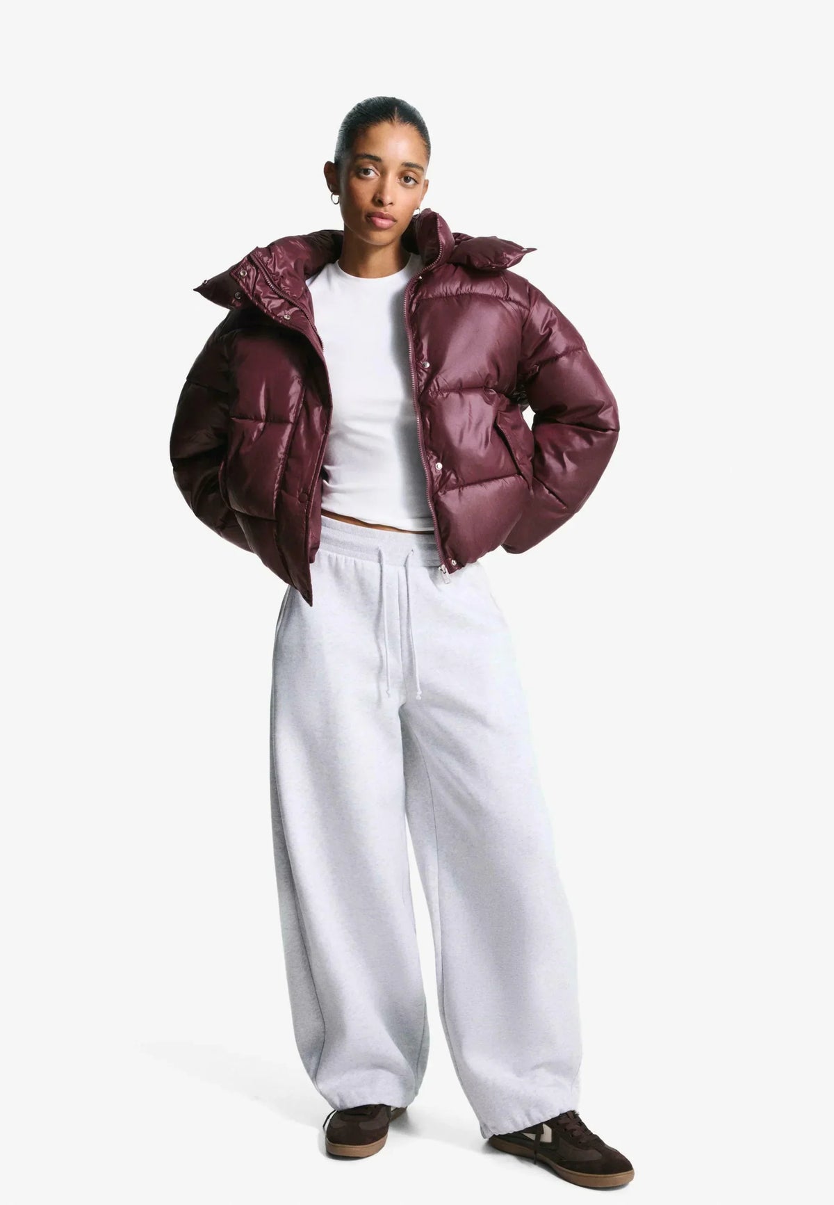 Women's High Shine Puffer Jacket - Burgundy