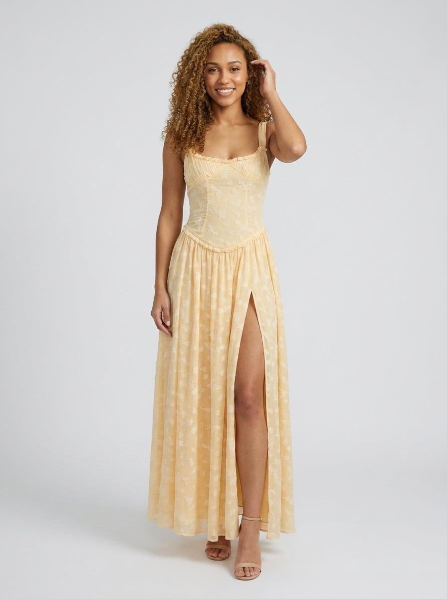 Women's High Slit Corset-Style Bodice Maxi Dress - Butter Yellow