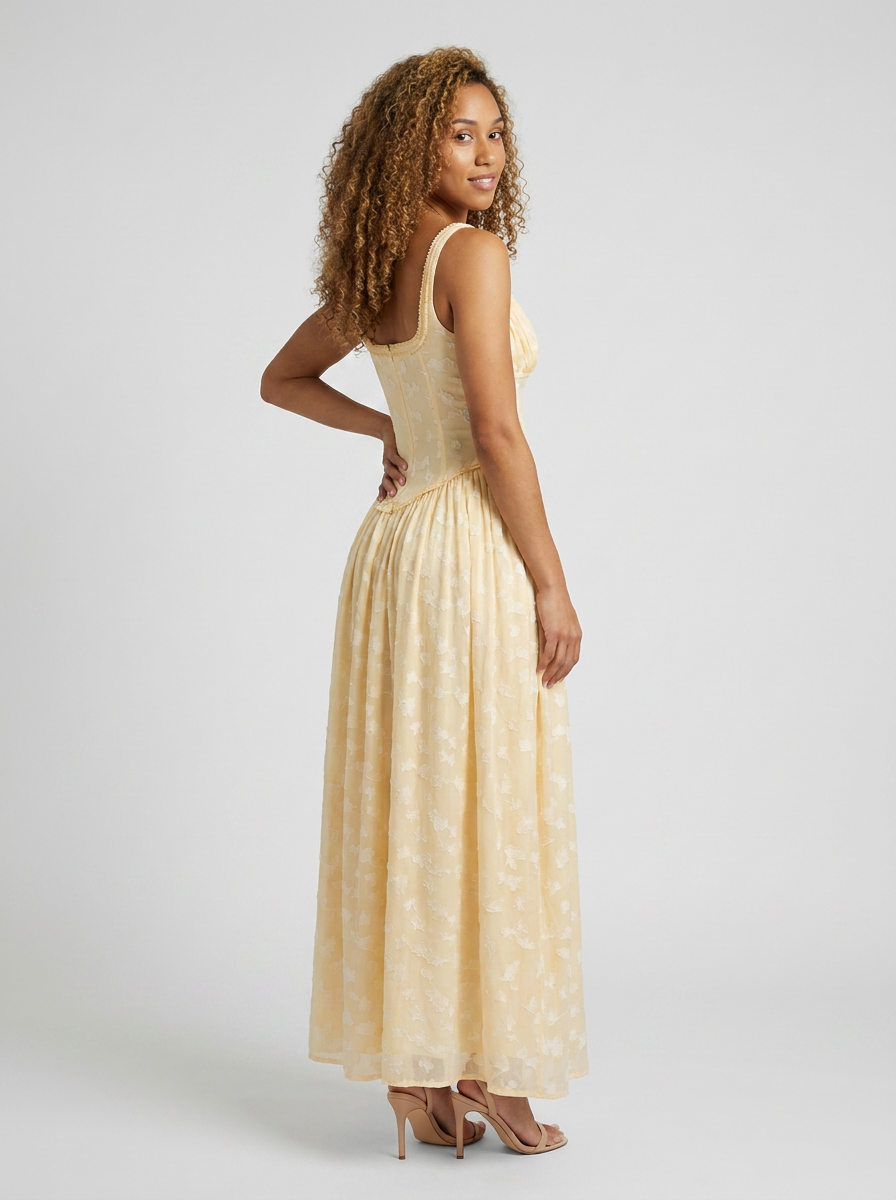 Women's High Slit Corset-Style Bodice Maxi Dress - Butter Yellow